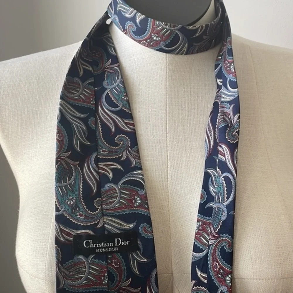 Christian Dior Monsieur Mens Silk Tie Blue Paisley Print Vintage Tie